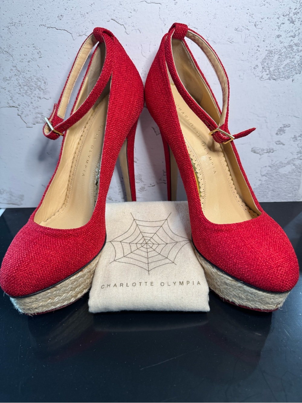 Charlotte Olympia Red Linen Signature Platform Heels Pumps Stilettos, Size 37.5